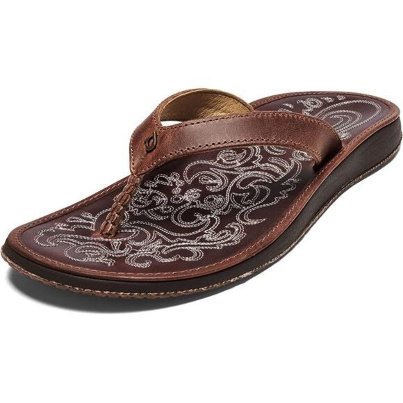 OLUKAI Paniolo Women's Beach Sandals, Distressed Full-Grain Leather Flip-Flop